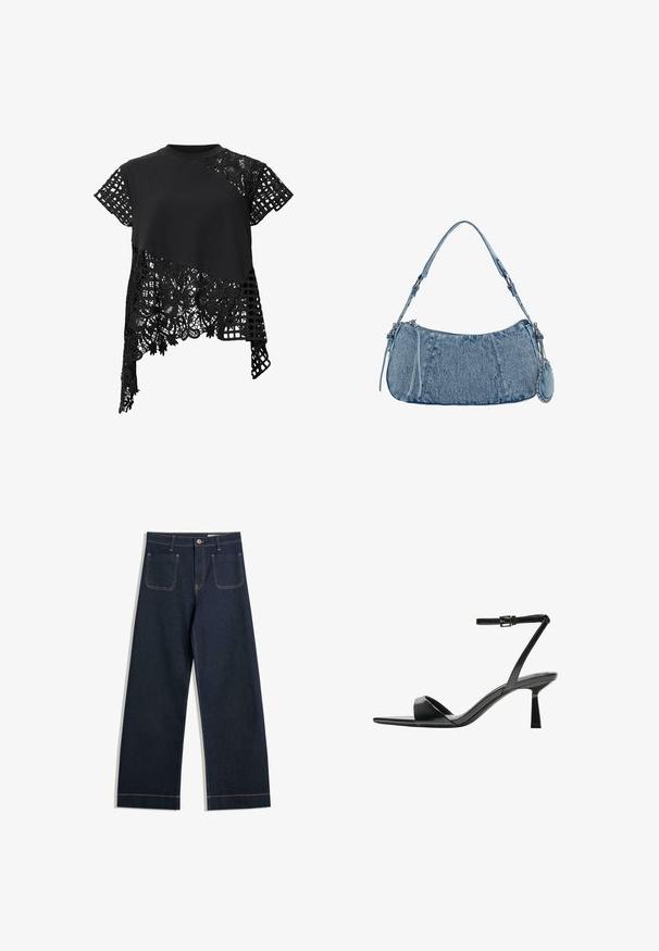 Schwarzes Oberteil mit kurzen Ärmeln, das eine Kombination aus festem Stoff und aufwendiger Spitze mit floralem Muster sowie einem gitterartigen Design auf einer Seite zeigt.; Dunkelblaue weite Jeans aus Denim mit kontrastierendem hellbraunem Nähen, zwei Gesäßtaschen und einem Knopfverschluss an der Taille.; Bershka High Heel Sandalette - black; Denim-Handtasche mit geschwungener Form, hellblauer Farbe, verstellbarem Schultergurt und einem kleinen abnehmbaren Täschchen mit metallischen Akzenten.