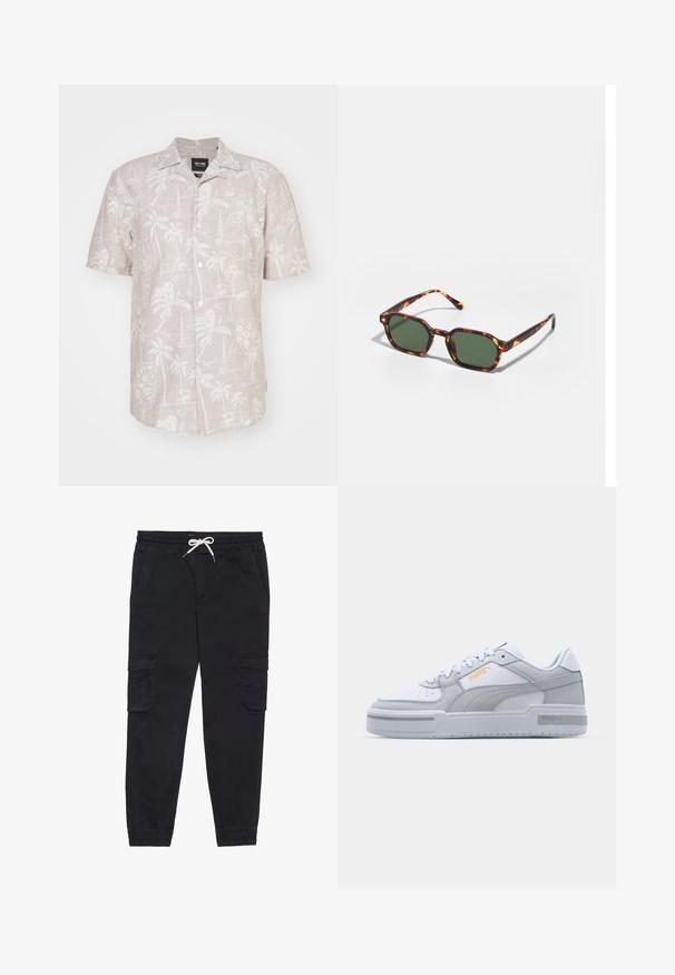 Camicetta a maniche corte in lino beige chiaro, con un motivo tropicale bianco di palme, fiori e velieri.; Pantaloni cargo neri in cotone, dotati di una vita elastica con coulisse, tasche laterali e polsini a sigaretta.; Sneaker grigie e bianche con tomaia in pelle liscia, punta perforata, chiusura con lacci, dettagli testurizzati e un sottile logo dorato.; Occhiali da sole tartarugati con lenti verdi, dotati di una forma ottagonale e bracci sottili e curvi. Il materiale ha una finitura lucida.