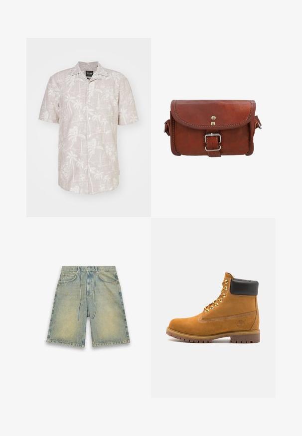 Camisa de manga corta con botones en lino beige claro, con un patrón tropical blanco de palmeras, flores y veleros.; Pantalones cortos de mezclilla azul claro con cintura elástica y cordón, bolsillos frontales y textura desgastada. Presenta una ligera decoloración y un corte recto.; Botín de ante marrón claro con collar acolchado negro, ojales de metal dorado, detalles de costura blanca y suela de goma resistente con tacos pronunciados.; Bolso de cuero marrón con cierre de solapa, hebilla de metal plateado y detalle de costura en contraste. Forma rectangular compacta con textura suave.