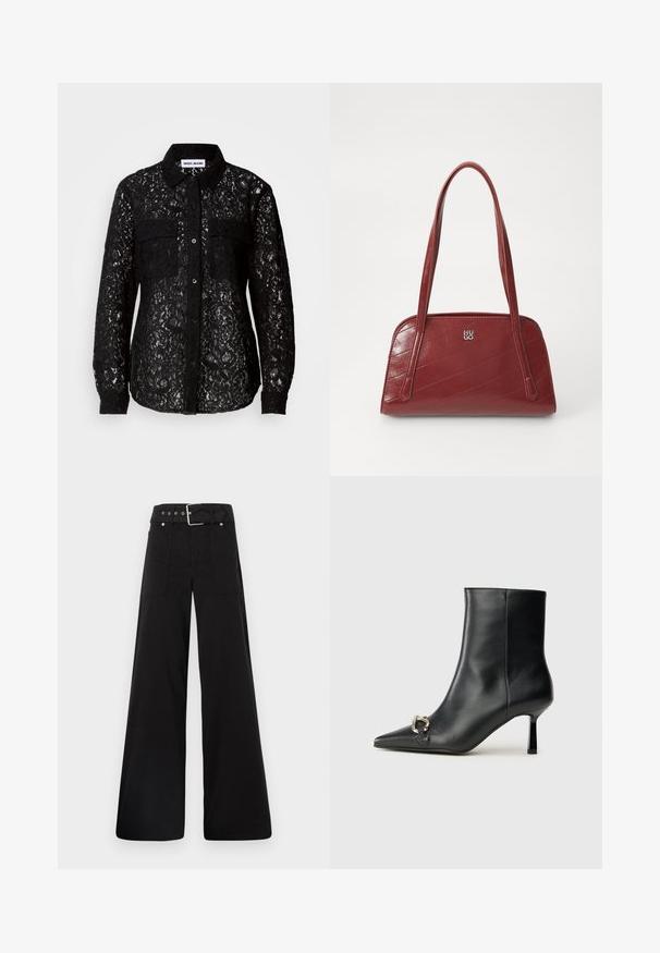 Svart blonder skjorte med knapper, to frontlommer, krage, lange ermer og teksturert blomstermønster gjennom hele.; Sorte vidde bukser laget av bomull, med høy midje, store sidelommer og belte med sølv detaljer.; Sorte lær ankle boot med spiss tå, slank mid-høyde hæl og sølvspenne på siden mot en enkel bakgrunn.; Rød quiltet håndveske laget av glinsende materiale, med to lange håndtak og en sølvlogo som detalj. Diagonal søm skaper tekstur.