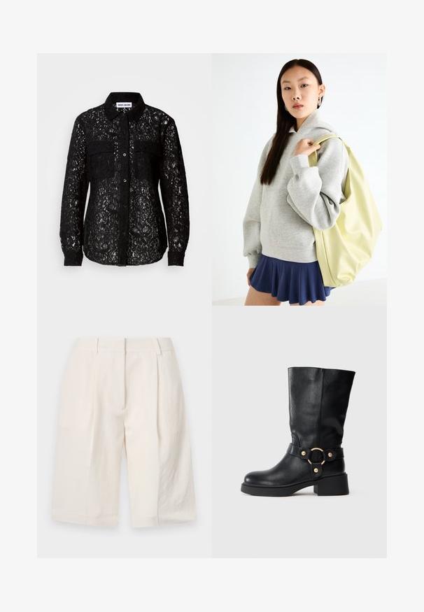 Melnas mežģīņu krekls ar pogām, divām priekšējām kabatām, apkakli, garām piedurknēm un fakturētu ziedu drukājumu visā virsajā daļā.; Baltas linu šorti ar pielāgotu dizainu, ar izšūtu priekšpusi un plašiem kāju atverēm. Gluda tekstūra un garums līdz vidējam augšstilbam.; Melna ādas zābaks līdz puslīdakai ar masīvu papēdi un dekoratīvu siksniņu ar zelta apļu sprādzi uz balta fona.; Pelēka lielizmēra kapučjakete ar kanguru kabatu, kombinēta ar tumši lazdu svārkiem. Aksesuārs: liela gaismas dzeltena mugursoma ar gludu tekstūru.