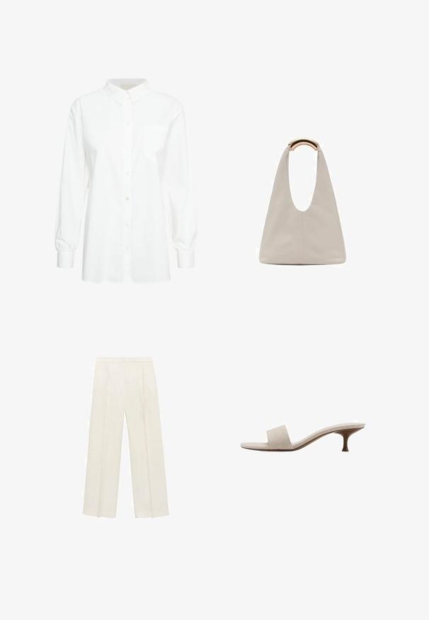 White long-sleeve button-up shirt made of cotton. Features a classic collar, single chest pocket, and gathered cuffs. Smooth texture.; Wide-legged trousers in a light cream color. Made from a smooth fabric with pleats at the front and side pockets.; Heel-less sandal with a beige woven fabric upper, open toe, and curved wooden midsole. The design features a smooth texture and minimalist shape.; Light gray leather bag with a U-shaped design and a curved metallic handle. Smooth texture with minimal stitching and no visible patterns.