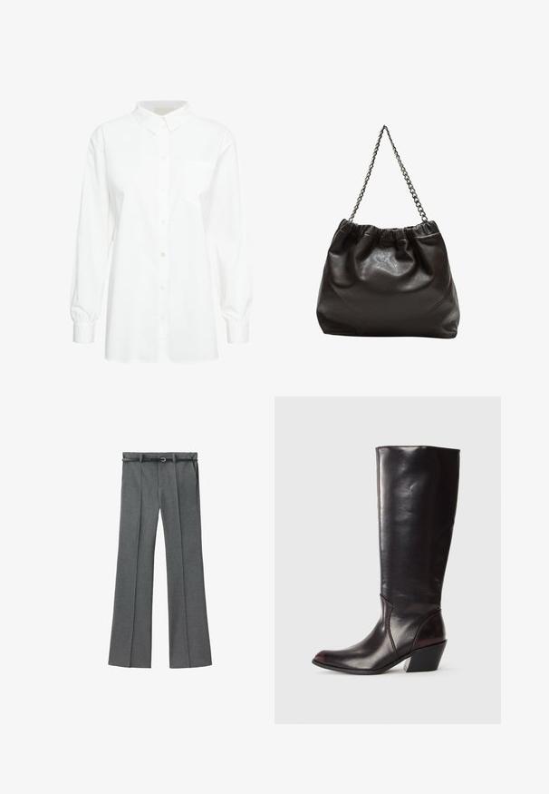 Bílá dlouhá košile s knoflíky z bavlny. Má klasický límec, jedno náprsní kapsu a nařasené manžety. Hladká textura.; Šedé kalhoty na míru se rovnou nohavicí, lehký materiál, poutka na opasek a úzký opasek se stříbrnou sponou.; Kozačky do výšky kolen, tmavě hnědé kožené, s špičatou špičkou, úhlovým blokovým podpatkem a hladkou, lesklou texturou. Vyznačují se čistým designem a švy.; Hnědá kožená taška se sbíraným vrškem a řetízkovým popruhem. Hladký povrch s lesklým finišem a jemným švem na bocích.