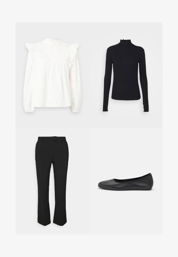 Valge puuvillane pluus pikkade varrukatega, volangidega õlgadel, pitsist äärisega ja lillekestega brodeeringud ees ja varrukatel.; Must kannus varrukatega turtleneck, mis on valmistatud siledast kangast, koos rippuvate kraede ja liibuva siluetiga, millel on lihtsad servad.; Mustad mustad püksid sirge säärega, millel on vööloop ja küljetaskud. Valmistatud siledast kangast, millel on puhas viimistlus.; Musthave mustika tantsutossud mustast nahast, ümmarguse varbaga, siledast tekstuurist, minimaalse õmblusdetailiga ja paindliku tallakujundusega.