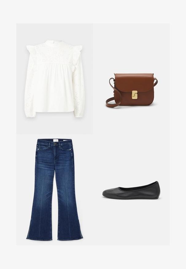 Blouse en coton blanc à manches longues, avec épaules volantes, dentelle en bordure et motifs brodés floraux sur le devant et les manches.; Jean évasé bleu foncé en denim. Il présente une taille haute, des poches avant et des fentes au bas. Design classique à cinq poches.; Ballerines en cuir noir avec un bout rond, texture lisse, détails de couture minimalistes et design de semelle flexible.; Sac à main en cuir marron avec une fermeture à rabat, des accents en métal doré, une bandoulière et une texture lisse. Forme rectangulaire compacte.