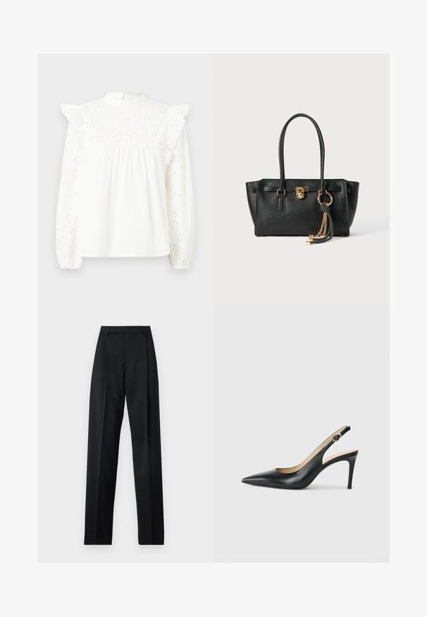 Blouse en coton blanc à manches longues, avec épaules volantes, dentelle en bordure et motifs brodés floraux sur le devant et les manches.; Pantalon noir en tissu lisse avec taille haute, jambes larges, plis à l'avant et passants de ceinture classiques. Pas de poches latérales visibles.; Escarpins en cuir noir avec une pointe fine, une bride ajustable et un talon aiguille élégant, présentant une finition lisse.; Sac à main en cuir noir avec double anses, serrure dorée et détails en chaîne, et accessoire à pompon noir et blanc sur fond blanc.