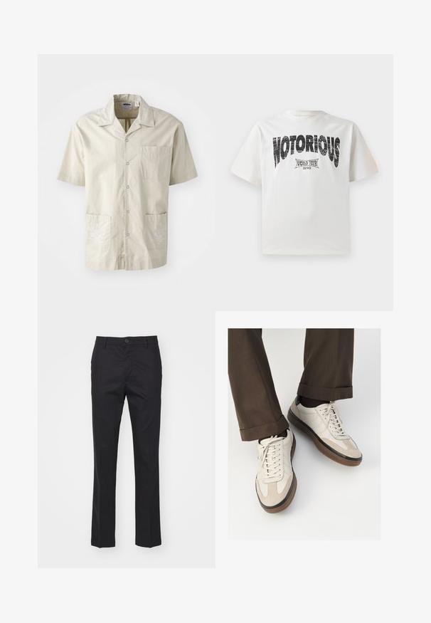 Bežena košulja kratkih rukava s ovratnikom, gumbima sprijeda, džepom na prsima i dva prednja džepa sa bijelim cvjetnim vezom.; Bijela pamučna majica s kratkim rukavima, s podebljanim crnim grafičkim tekstom "NOTORIOUS" i dizajnom "WORLD TOUR 1990" ispod u istrošenom otisku.; Crne hlače od glatkog materijala, s ravnim krojem, prednjim džepovima i jednim kopčanjem na struku.; Bež tenisice s teksturiranom nubuk prednjom stranom, glatkim kožnim bočnim stranama i smešnim gumenim potplatom. Uključene su vezice i lagani detalji šivanja.