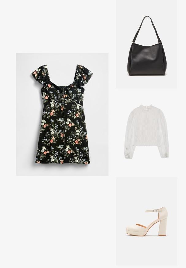 Fehér blúz magas, ráncolt nyakkivágással és hosszú ujjal. Az elülső részen gyűrt textúra, míg az ujjak sima anyagból készültek.; Fekete, rövid ruha, puffos ujjakkal, csipkével díszített nyakkivágással és több színben pompázó virágmintával, rózsaszín, fehér, kék és zöld levelekkel.; Tejbézs színű platform magassarkú, kerek orral és állítható bokapánttal. Erős blokk sarka van, amelynek enyhe fa hatása van.; Fekete szintetikus bőr kézitáska puha tapintással, hobo forma, és dupla vállpánt; fényes felülettel és minimál stílussal rendelkezik.