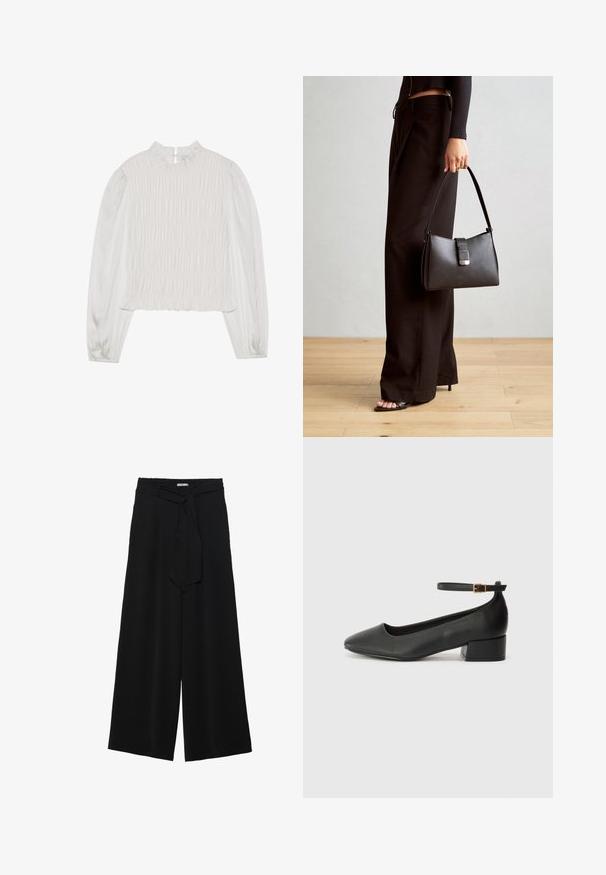 Weißes Oberteil mit hochgerüschtem Halsauschnitt und langen Ärmeln. Verfügt über eine geraffte Textur an der Vorderseite und glattes Material an den Ärmeln.; Schwarze weite Hosen aus strukturiertem Stoff, mit elastischem Bund und einem abnehmbaren Bindegürtel in der Taille für eine verstellbare Passform.; Schwarze Lederpumps mit spitzem Zehenbereich und niedrigem Blockabsatz. Mit einem Knöchelriemen und einer goldfarbenen Schnalle. Glatte Textur.; Schwarze Handtasche mit strukturierter Form, glatter Textur und einem metallischen Verschluss. Kombiniert mit weiten schwarzen Hosen und offenen Sandalen auf einem Holzboden.