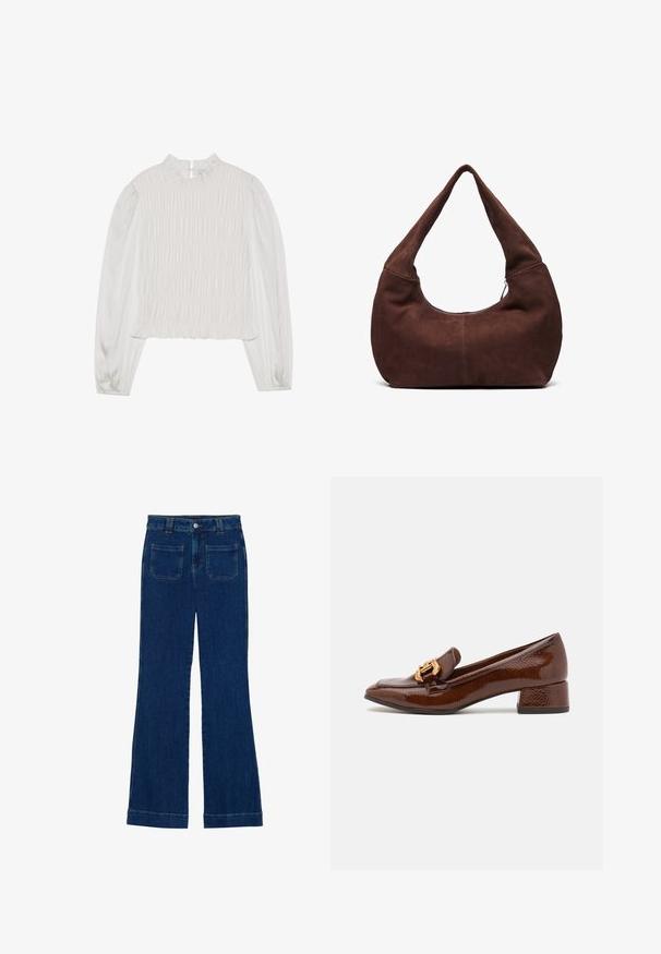 Top bianco con un colletto alto e volant e maniche lunghe. Presenta una texture arricciata sul davanti e un tessuto liscio sulle maniche.; Jeans a zampa d'elefante in denim di colore blu scuro, con una consistenza liscia, design a cinque tasche e chiusura a bottone in vita.; Mocassini in pelle marrone con finitura lucida, caratterizzati da una fibbia dorata decorativa sulla parte anteriore e un tacco basso a blocco. Design classico.; Borsa hobo in suede marrone con una maniglia curva e larga e un'ampia apertura. Tessuto morbido con dettagli di cucitura visibili lungo i bordi.