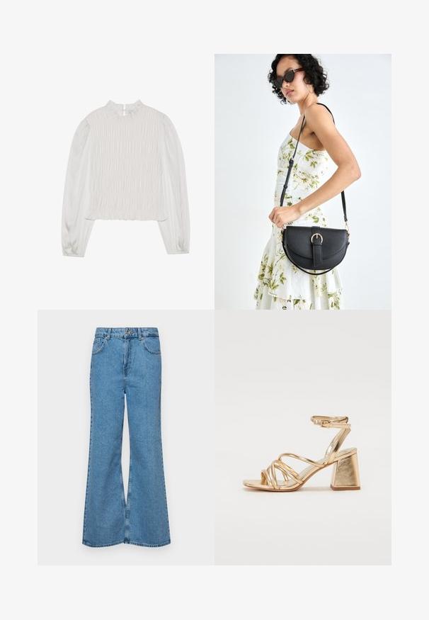 White top with a high ruffled neckline and long sleeves. Features gathered texture on the front and smooth fabric on the sleeves.; Light blue flared jeans made of denim, featuring a high waist, five pockets, and a single button closure. Soft texture with faded finish.; Gold metallic heeled sandals featuring a strappy design, square block heel, and adjustable ankle strap with a buckle. Smooth texture.; Black leather handbag with a curved shape, detachable strap, and gold hardware. The bag features a flap with a buckle detail.