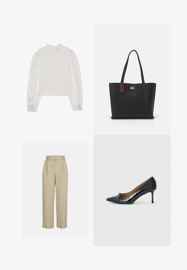 Bijela majica s visokim nabranim izrezom i dugim rukavima. Ima nabranu teksturu na prednjem dijelu i glatku tkaninu na rukavima.; Bež hlače visokog struka s širokim nogavicama, s naborima, odgovarajućim remenom s pravokutnom kopčom i manžetama.; Crne lakirane cipele s visokom petom, sa šiljastim prstom, dekorativnim detaljem remena sprijeda i tankom stiletto petom.; Crna kožna torba sa dugim ručkama, teksturiranim završetkom, zlatnim detaljima i bordo oznakom. Prostran dizajn s otvorenim vrhom.