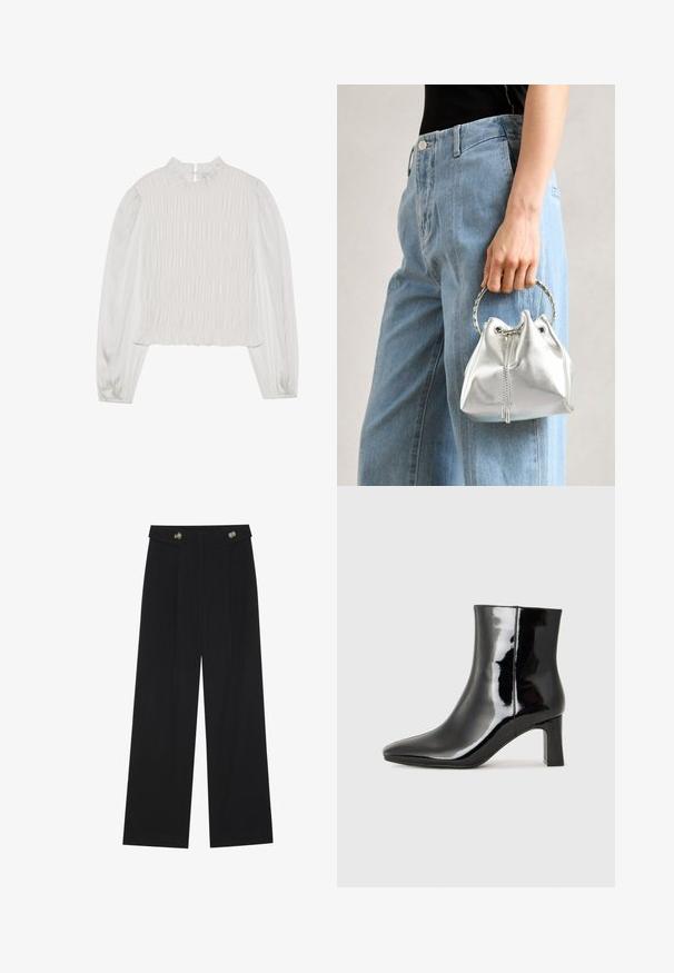 Top bianco con un colletto alto e volant e maniche lunghe. Presenta una texture arricciata sul davanti e un tessuto liscio sulle maniche.; Pantaloni neri a gamba larga con vita alta, dettagli con bottoni in vita e pieghe frontali.; Stivaletto in pelle verniciata nera con punta a punta e tacco a blocco di altezza media. Texture liscia e design minimalista.; Borsa a secchiello metallica argento con finitura testurizzata, decorata con un manico rotondo argento e chiusura a cordoncino, tenuta contro dei jeans azzurri.