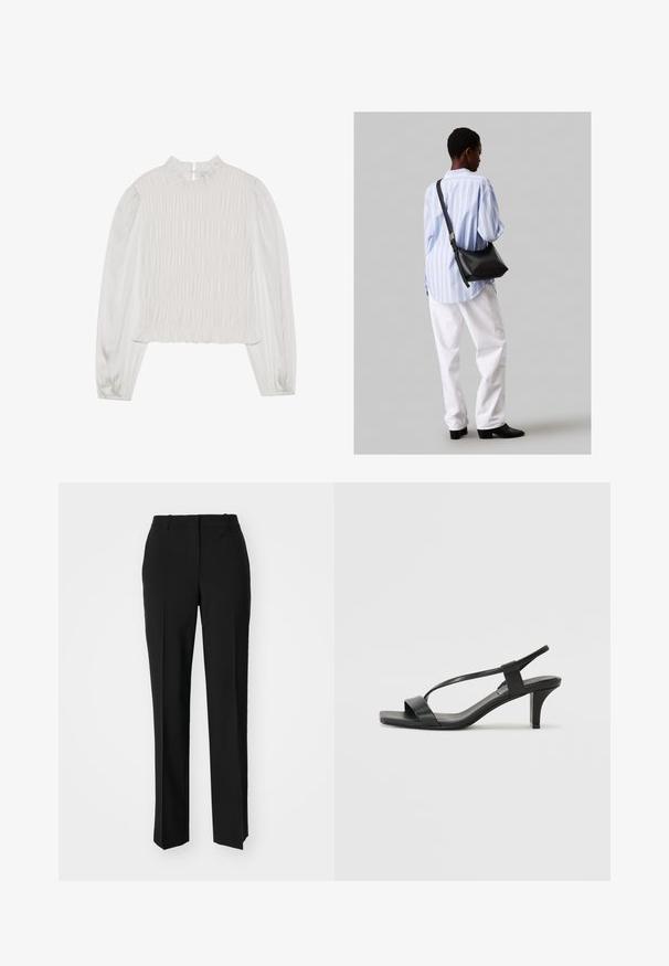 Top bianco con un colletto alto e volant e maniche lunghe. Presenta una texture arricciata sul davanti e un tessuto liscio sulle maniche.; Pantaloni neri su misura con un design a gamba dritta, caratterizzati da una texture liscia e pieghe ben definite sul davanti. Senza hardware visibile.; Sandali neri con tacco, caratterizzati da un design a cinturino sottile, punta quadrata e tacco medio a blocco. Realizzati in pelle liscia con una finitura opaca.; Borsa a tracolla in pelle nera con una texture morbida, forma triangolare e tracolla regolabile, abbinata a una camicia a righe blu chiaro e pantaloni bianchi.