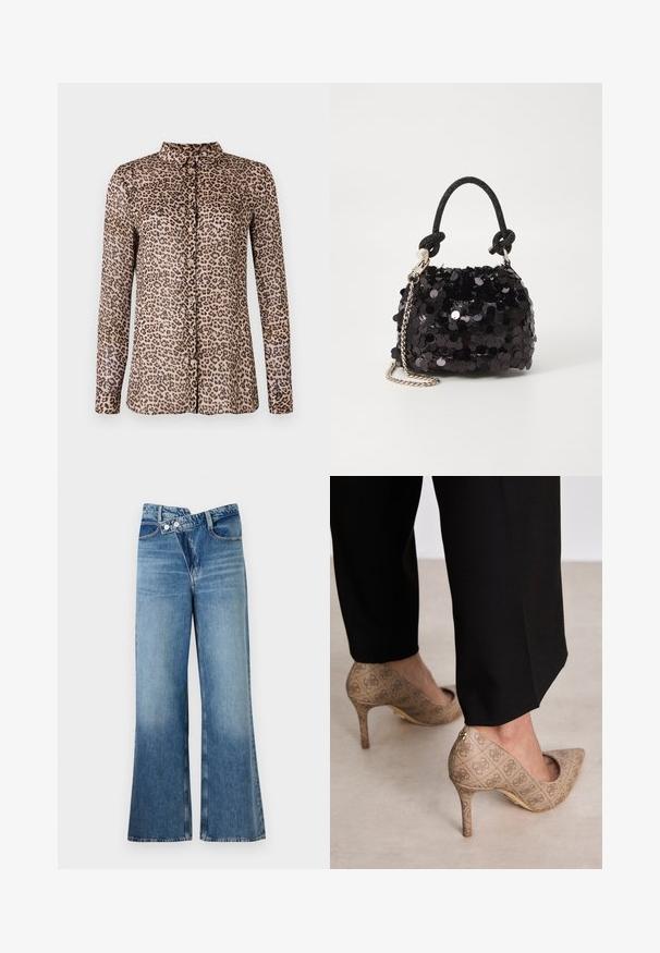 Leopárdmintás, hosszú ujjú gombos ing, könnyű anyagból készült, nyakkal és rózsaszín gombokkal az elején.; Világoskék, harang szabású farmernadrág magas derékkal, két gombbal és elülső zsebekkel. Az anyag megjelenése kopott, apró eltérésekkel.; Beige magassarkú cipők texturált anyagból, ismétlődő mintával. Hegyes orrú kialakítás, hátsó díszítéssel és arany sarkú részlettel.; Fekete flitteres mini kézitáska csomózott textúrájú pánttal és ezüst lánccal. Lekerekített forma, ráncolt tetejével és fényvisszaverő részletekkel.