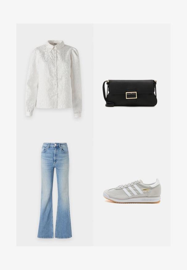 Bela bluzica z dolgimi rokavi z teksturiranim vzorcem srca, gumbom na sprednji strani in klasičnim ovratnikom. Material ima rahel lesk.; Svetlo modri široki kavbojki iz denima, z visokim pasom, petimi žepi in subtilnim postopnim zbledanjem proti robu.; Svetlo sivi tenisice od antilopa i mrežaste tkanine, s tri bijele pruge, okruglim vrhom i gumenim potplatom. Zlatni logo akcent blizu vezica.; Črna usnjena torbica na preklop z zlato kovinsko zaponko. Vključuje črn trak in eleganten, minimalističen dizajn.; Srebrni uhani v obliki obročka s spiralnim dizajnom, ki imajo sijajno površino in zapiralo na zadnji strani. Mere znašajo približno 3 cm v premeru.