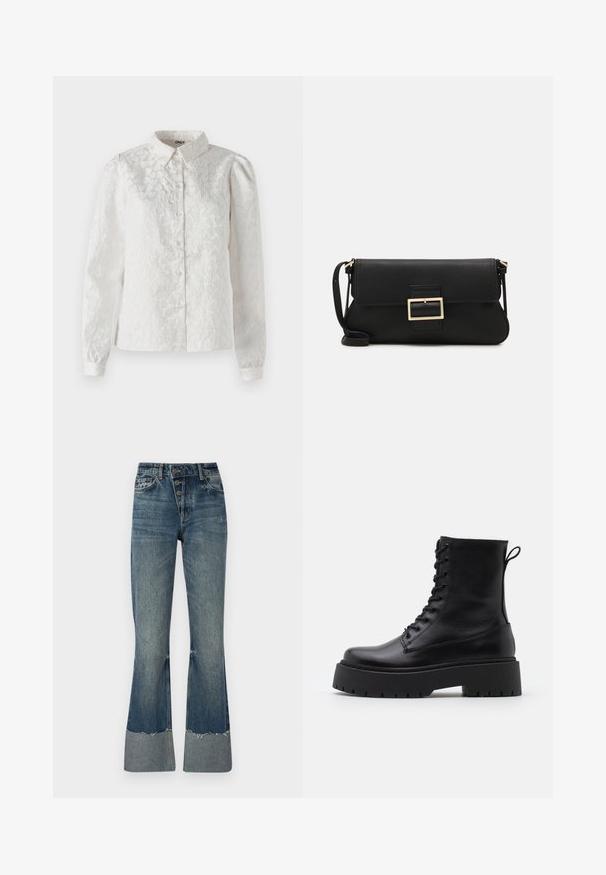 Blusa blanca de manga larga con un patrón de corazones texturizado, cierre de botones en el frente y cuello clásico. El material tiene un ligero brillo.; Jeans de mezclilla acampanados en azul medio con cintura alta, cinco botones y dobladillo deshilachado. Presentan un puño más claro en la parte inferior y una textura desvanecida.; Botas de cuero negras hasta el tobillo con punta redonda, cordones en la parte delantera y una suela de goma gruesa con un dibujo texturizado. Tirador en la parte trasera.; Bolso de mano de cuero negro con una solapa y un detalle de hebilla de metal dorado. Incluye una correa negra y un diseño elegante y minimalista.; Pendientes de aro color dorado, delgados y redondos, con un acabado metálico suave y sin adornos ni patrones.