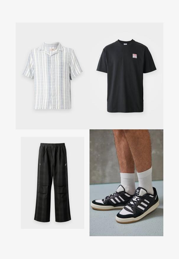 Camisa de manga curta feita de um tecido leve, com riscas verticais azuis e brancas, parte da frente com botões e um bolso no peito.; T-shirt de algodão preto com decote redondo, mangas curtas e uma pequena etiqueta colorida no lado esquerdo do peito com a palavra "SUPERIOR."; Calças pretas em padrão xadrez com cintura elástica, dois bolsos frontais e um ajuste solto com design de perna reta. Feitas de material leve.; Ténis em preto e branco com upper em camurça e couro, apresentando três riscas brancas, um toe perfurado e uma sola em borracha de goma.