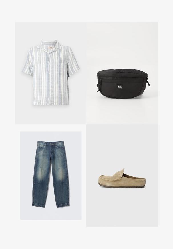 Trumpas rankovėmis marškinys, pagamintas iš lengvos medžiagos, su vertikaliomis mėlynomis ir baltomis juostelėmis, mygtukų užsegimu priekyje ir krūtine kišenėle.; Mėlyni blukę džinsai su priekinėmis kišenėmis, diržo kilpomis ir dekoratyvinėmis siūlėmis ant šlaunų ir kelių, išrikiuoti ant baltos fono.; Birkenstock NAPLES WRAPPED LEVE TAUPEN - REGULAR - Pantoletai - taupe; Juodas juosmens krepšys, pagamintas iš nailono; turi priekinį užtrauktuką, reguliuojamą diržą ir логотипa. Apvalios formos, su lygiu paviršiumi.