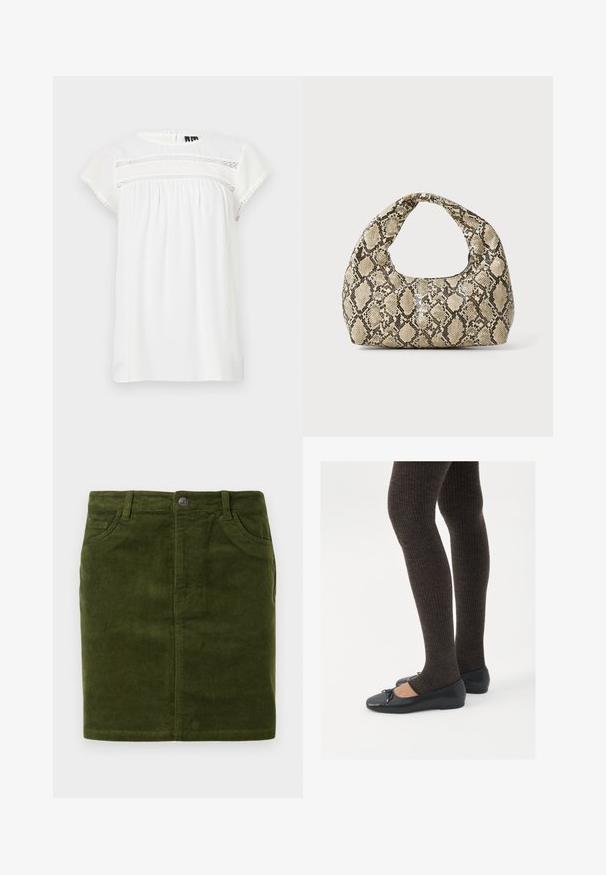 White short-sleeve blouse featuring a round neck, gathered design, and decorative lace detail across the front, with scalloped hemline.; Dark green corduroy skirt with a straight cut, featuring a five-pocket design and a metal button closure at the waist.; Black flat shoes with a small bow detail at the toe, paired with dark brown ribbed tights. Shoes have a smooth texture and low profile.; Snake-print handbag with a curved handle. Made from textured, beige and brown materials, featuring a distinctive diamond pattern.