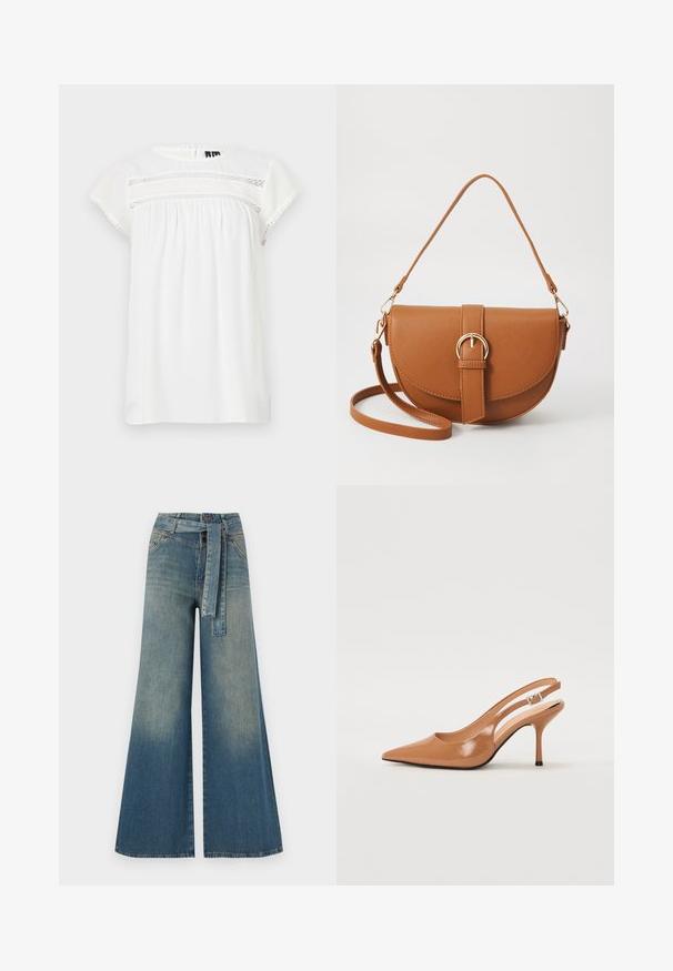 Valge lühikeste varrukatega pluus, millel on ümmargune kaelus, volditud disain ja dekoratiivne pitsi detail ees, laineline alläär.; Laiad denimpüksid, millel on hele tume sinine gradiendiefekt, kõrge vöökoht, vöökumlid ja sobivast kangast vöö. Struktureeritud denimi viimistlus.; Küüntega slingback konts, mis on valmistatud siledast ja läikivast tan värvi materjalist. Omab kaarjat lõigatud disaini ja õhukest stiletto kontsa. Hõbedane pandla detail.; Pruun nahast õlakott, millel on kumer kuju, kullavärvi riistvara ja pandlaga kaunistus. Omab eemaldatavat õlarihma.