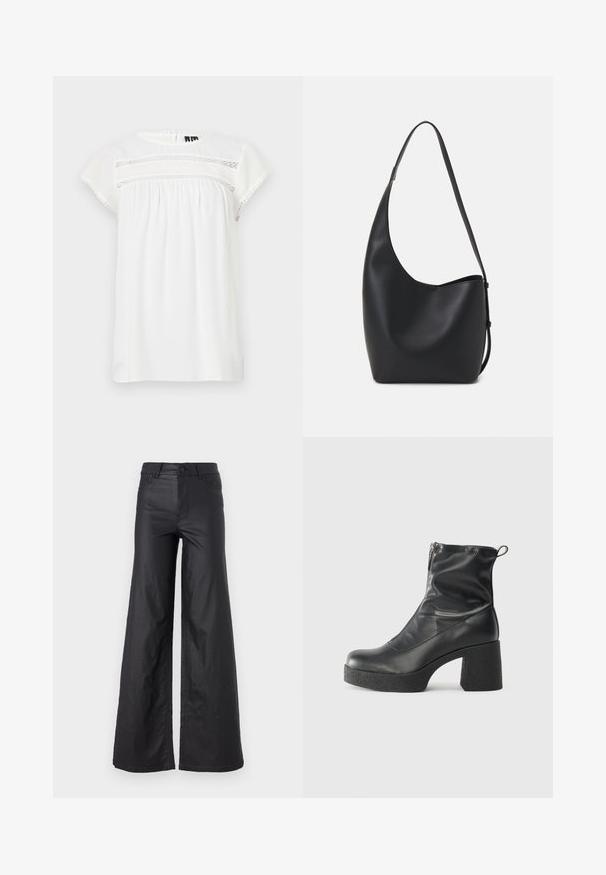 Blouse blanche à manches courtes avec un col rond, un design froncé et un détail en dentelle décoratif sur le devant, dotée d'un ourlet festonné.; Pantalons larges noirs en simili cuir. Dotés d'une taille haute, de passants de ceinture, de deux poches avant et de détails cousus.; Bottes noires à la cheville en cuir lisse, dotées d'une fermeture éclair sur le côté, d'un talon épais texturé et d'une conception à bout rond.; Sac hobo en cuir noir avec une texture lisse, une forme incurvée et une seule sangle réglable ; dispose d'une large ouverture en haut.