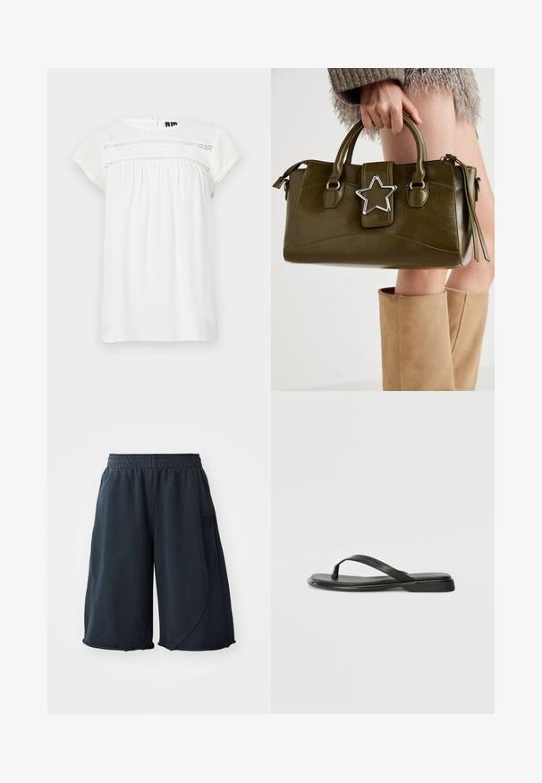 Blusa bianca a maniche corte con scollo rotondo, design arricciato e dettaglio in pizzo decorativo sulla parte frontale, con orlo a scallop.; Shorts sportivi neri realizzati in tessuto morbido, con vita elasticizzata e un'etichetta con logo sul lato. Tessuto liscio con una vestibilità comoda.; Infradito neri in pelle liscia, con un design a fascia sottile e una suola piatta dal profilo minimale. Nessun motivo o accento particolare.; Borsa a mano in similpelle verde oliva con accentatura a stella argentata, manici doppi e chiusura con zip. Superficie testurizzata e forma strutturata.