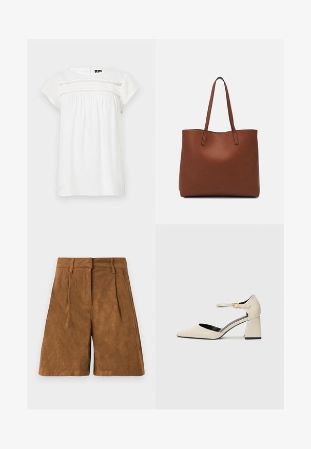 Blusa blanca de mangas cortas con cuello redondo, diseño fruncido y detalle de encaje decorativo en la parte delantera, con dobladillo en puntilla.; Shorts de ante marrón con una textura suave, que presentan pliegues frontales, cinturilla plana y un corte recto.; Zapatos de tacón cuadrado de imitación cuero en beige, con puntera puntiaguda, tira en el tobillo y sutil detalle de textura de cocodrilo. Forro interior negro.; Bolso tote de cuero marrón con una textura suave, diseño de apertura superior y dos correas para el hombro. Presenta una costura mínima y sin herrajes visibles.