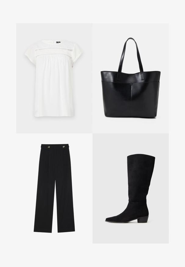 Blusa branca de manga curta com decote redondo, design franzido e detalhe decorativo de renda na frente, com barra assimétrica.; Calças largas pretas com cintura alta, detalhes em botão na cintura e pregas frontais.; Bota de camurça preta até ao joelho com tacão baixo e bico pontiagudo, apresentada em vista lateral sobre um fundo cinza claro liso.; Bolsa tote preta em couro com duas alças longas, textura suave e forma estruturada. Apresenta um bolso frontal para armazenamento adicional.