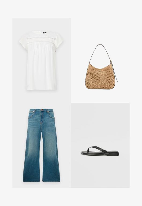 Biała bluzka z krótkim rękawem, z okrągłym dekoltem, marszczonym fasonem i dekoracyjnym koronkowym wykończeniem z przodu, z falbaniastym dołem.; Jeans z wysokim stanem, niebieskie dżinsowe, szerokie nogawki, z przednimi kieszeniami, zapięcie na guzik i wyblakłym gradientem kolorów od pasa do dołu.; Czarne klapki wykonane z gładkiej skóry, z cienkim paskiem i płaską podeszwą o minimalistycznym profilu. Brak widocznych wzorów lub akcentów.; Woven straw shoulder bag in a curved shape, with a dark leather strap and a textured surface featuring a chevron pattern.; Złote kolczyki mają nieregularne teksturowane kształty, ozdobione zielonymi kamieniami szlachetnymi i białymi perłami, zapinane na zapięcia typu clip-on.