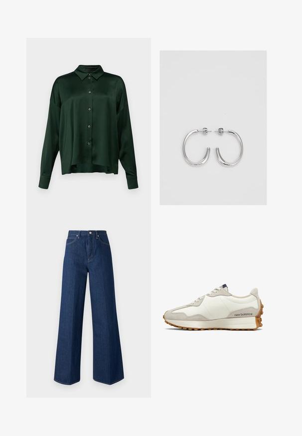 DRYKORN CLOELIA - Cămașă - green; Blugi cu picioare largi din denim albastru închis, cu design clasic cu cinci buzunare, cusături vizibile și închidere cu nasturi în față.; Tenisici alba si bej cu un superior din piele neteda, accente din suede, varf rotund si o talpa din cauciuc texturat. Numele brandului imprimat pe lateral.; Cercei rotunzi din argint cu un finisaj neted și strălucitor. Design ușor, având o formă rotundă și închidere cu tijă.