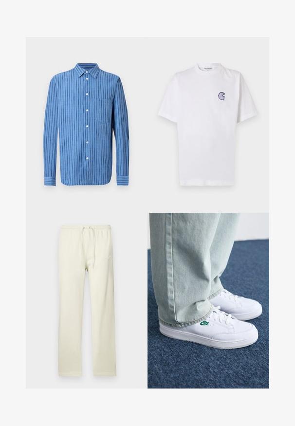 Sinine pikkade varrukatega triiksärk, millel on vertikaalsed mustad triibud ja ees rinna tasku, kuvatud valgel taustal.; Valge puuvillane t-särk lühikeste varrukatega, ümara kaelusega ja vasakul rinnal väike tikitud sinine "C" logo.; Heledad ja kerged beežid dressipüksid seotava paelaga vöökohal, valmistatud pehmest materjalist. Vasakul reiel on valge jahe Nike logo.; Valged nahast tennisetossud rohelise Nike logo ja ümarate varvastega, lamedate taldadega, koos helesiniste teksapükstega, esitatud sinisel vaibal.