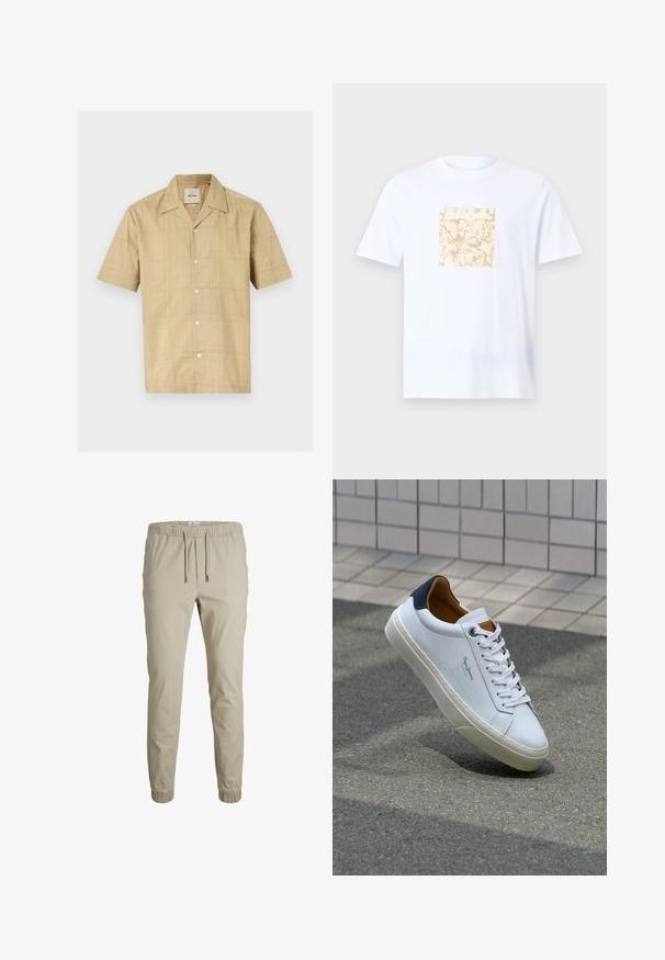 Camisa de manga corta, con botones, en beige claro con un sutil patrón de cuadrícula. Hecha de una tela suave y texturizada; cuenta con un collar clásico y cinco botones.; Camiseta blanca de algodón con un gráfico cuadrado beige con un patrón texturizado en el centro. Mangas cortas y escote redondo.; Joggers ajustados beige con cintura elástica, cordón y puños en los tobillos, hechos de una tela suave. Presentan una textura lisa y un diseño minimalista.; Zapatilla de cuero blanca con talón en azul marino, punta redonda y acentos en marrón a contraste. Presenta cordones planos y suela de goma texturizada.