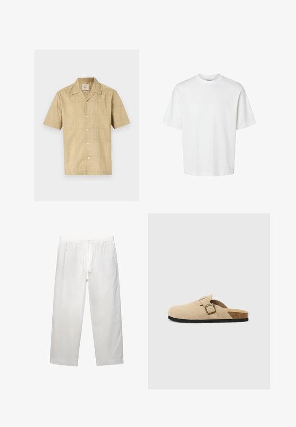 Košulja kratkih rukava, s gumbima, u svijetloj bež boji s suptilnim uzorkom mreže. Izrađena od mekog, teksturiranog materijala; ima klasični ovratnik i pet gumba.; Bijela pamučna majica kratkih rukava, s okruglim izrezom i opuštenim krojem. Glatka tekstura bez vidljivih uzoraka ili ukrasa.; Bijele lanene hlače s elastičnim pojasom sa vezicom, širokog kroja i čistim šavovima. Glatka tekstura s opuštenim fitom.; Bež semisoft cipele s otvorenom petom, s plutenom unutrašnjosti, zaobljenim nožnim prstom i jednostavnom trakom sa zlatnim kopčanjem. Gumeni potplat za bolji grip.