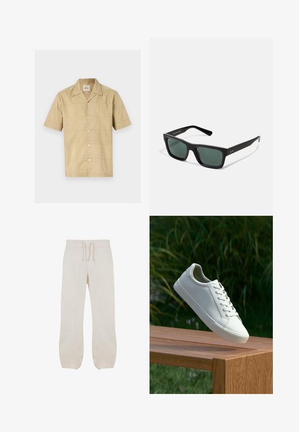 Košeľa s krátkym rukávom a gombíkmi v svetlej béžovej farbe s jemným mriežkovaným vzorom. Vyrobená z mäkkej, textúrovanej tkaniny; má klasický golier a päť gombíkov.; Svetlé béžové ľanové nohavice s elastickým pásom a šnúrkou. Rovný strih s hladkou textúrou a miernym zúžením pri členkoch.; Biele šnurovacie tenisky sa vznášajú nad drevenou lavicou so zeleným porastom v pozadí, predvádzajúc design a textúru topánok.; Čierne obdĺžnikové slnečné okuliare so zelenými sklami, matným povrchom, rovnými ramenami a logom Ray-Ban na boku.