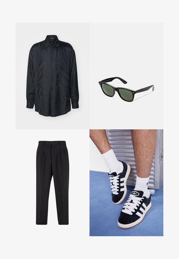 Roberto Cavalli FREEDOM COOL FIT - Krekls - black; Melna kokvilnas T-kreklā ar īsām piedurknēm un apaļu apkakli. Uz kreisā krūšu apgabala ir baltā teksts "ALLSAINTS" un "LONDON".; Melni brīvie bikses ar krokotu priekšpusi, izgatavotas no gludas auduma. Iespējama poga aizdare un jostas cilpas; taisnu kāju forma.; Melni zamšaini sporta apavi ar baltiem šņorēm un trim baltām svītrām. Iekļauj arī apaļu melnu logotipu uz mēles un gumijas zoli.; Melnas plastmasas saulesbrilles ar zaļiem lēciem, kvadrātveida rāmjiem, sudrabainu akcentu uz uzacīm un teksturētām tempļu kājām. Zīmols norādīts uz iekšējās kājas.