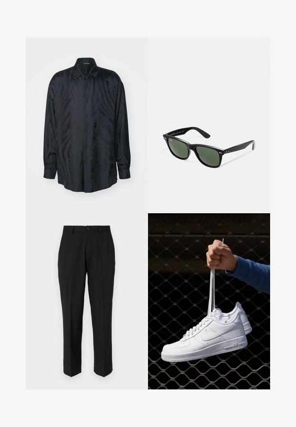 Roberto Cavalli FREEDOM COOL FIT - Marškiniai - black; Juodos kelnės, pagamintos iš lygaus audinio, su tiesiu krepšeliu, priekinėmis kišenėmis, vieno mygtuko užsegimu ir be matomų raštų.; Balti odiniai sportiniai bateliai su perforacijomis, apvalia nosimi, plokščiu padu ir storomis raištelėmis, su matomu swoosh logotipu ir "AIR" ant kulno.; Juodi plastikiniai saulės akiniai su žaliais objektyvais, kvadratiniais rėmeliais, sidabriniu akcentu ant antakio ir tekstūruotais šventyklų šakutėmis. Vidinėje šakutėje nurodyta prekės ženklo pavadinimas.