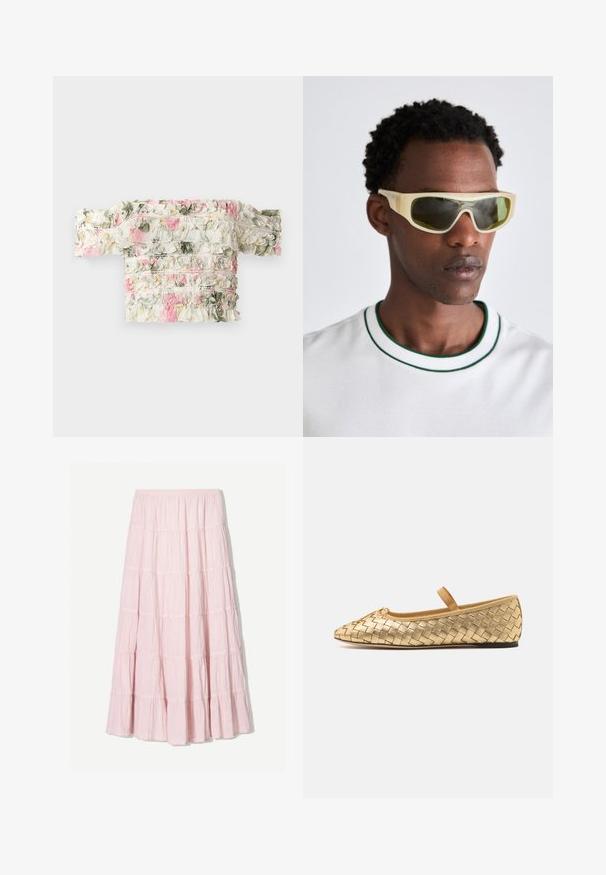Bloemrijke off-shoulder top in wit met roze en groene ruches. Beschikt over een licht elastische stof voor een aansluitende look.; Lichtroze, gelaagde maxi-rok van een gestructureerde, lichte stof. Elastische tailleband en vloeiende zoom met ruches.; Loeffler Randall LEONIE SOFT BALLET FLAT - Ballerina's met enkelbandjes - gold; Zonnebril met een doorzichtig gele rand en groen getinte lenzen. Hoekig ontwerp met brede pootjes, gedragen met een witte shirt met groene accenten.