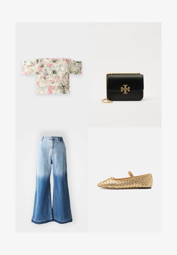 Ziedu off-the-shoulder tops baltā krāsā ar rozā un zaļām ruļļu rakstiem. Tam ir nedaudz elastīga auduma, lai tas būtu pieguļošs.; Gaiši zila īsām piedurknēm polo krekls ar ribotu tekstūru, plakanu apkakli un priekšējo pogu rindu, kas sastāv no sešām saskaņotām pogām.; Gaiši zilas denima brīvas kājas džinsi ar izbalējušu gradientu no gaiša līdz tumšam, šūts apmale un piecu kabatu dizains.; Loeffler Randall LEONIE SOFT BALLET FLAT - Baletkurpes ar siksniņu ap potīti - gold; Melnas ādas rokassoma ar zelta toņa ķēdes siksnu un logotipa akcentu. Iezīmējas ar taisnstūra formu un pārklājamu vāku. Gluda tekstūra.
