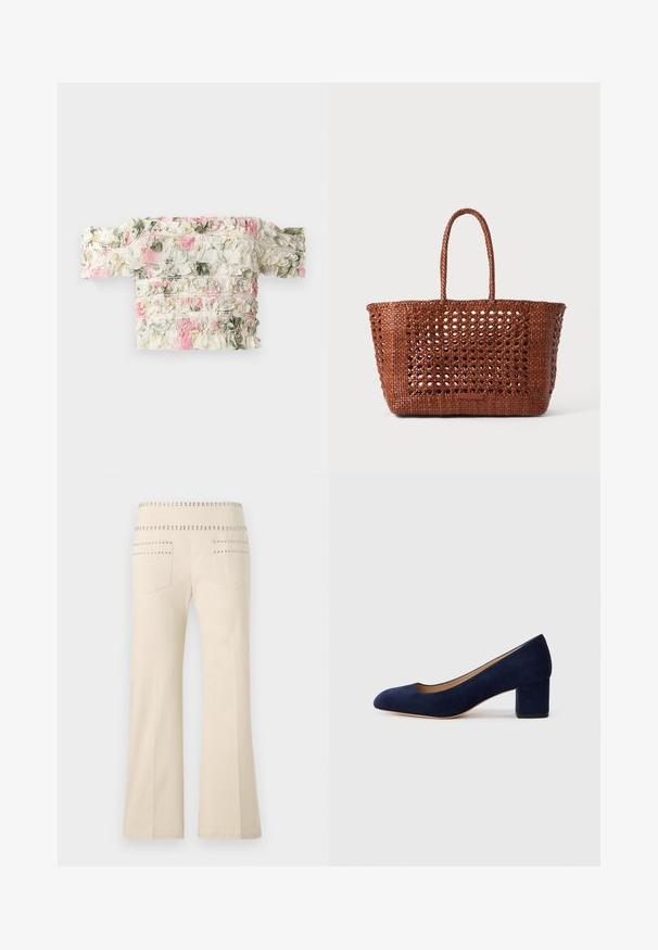 Ziedu off-the-shoulder tops baltā krāsā ar rozā un zaļām ruļļu rakstiem. Tam ir nedaudz elastīga auduma, lai tas būtu pieguļošs.; Kremkrāsas uzpūstā stila bikses ar studs dekorācijām ap jostas vietu un aizmugurējām kabatām, izgatavotas no mīkstas, teksturētas auduma.; Tumši zili zamšādas kurpes ar norādītu degunu un vidēja augstuma blokveida papēdi. Gluda tekstūra ar smalku spīdumu un nelielu izgriezumu priekšā.; Austo brūns audums ar atvērtu rakstu, taisnstūra forma un divas pītās rokas. Iekļauj stabilu pamatni atbalstam.