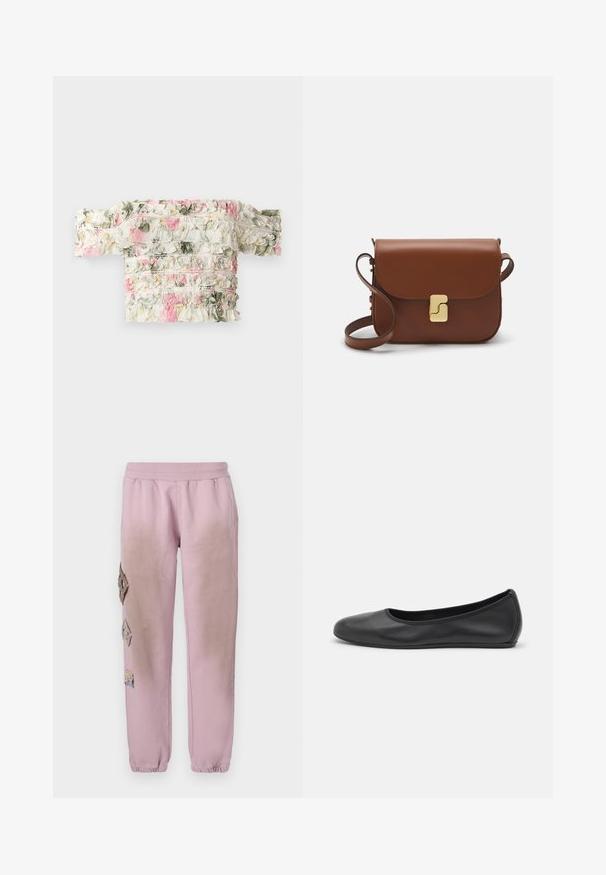 Fehér, vállnál húzott virágmintás blúz rózsaszín és zöld fodros mintázattal. Enyhén elasztikus anyagú, amely kiemeli az alakot.; Rózsaszín melegítőnadrág elasztikus derékkal, bal oldalon gyémánt alakú dekoratív foltokkal és elasztikus szárakkal az bokákon.; Fekete bőr balettcipő lekerekített orral, sima tekstúrával, minimális varrással és rugalmas talp kialakítással.; Barna bőr kézitáska, hajtókás zárással, arany színű fém kiegészítőkkel, vállpánttal és sima felülettel. Kompakt téglalap alakú.