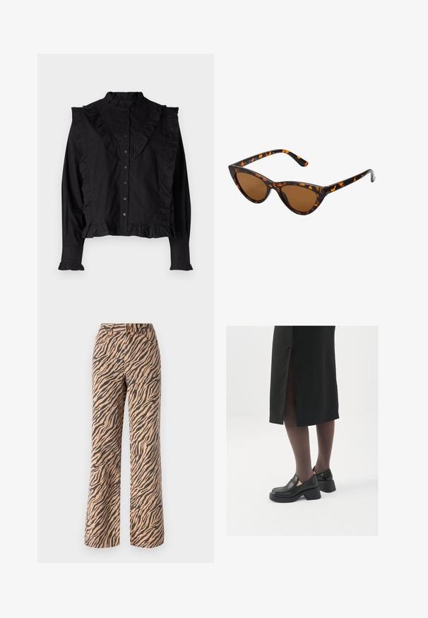 Črna dolga majica z dolgimi rokavi in visokim ovratnikom, z gumbno zaponko in nabrano obrobo ob sprednji in rokavih. Gladek, lahek material.; Široke hlače z vzorcem tiger pruga v odtenkih rjave in črne barve, s standardnim pasom in petimi žepi.; Črne usnjene čevlje s zaobljenim prstom, debelim blokastim petama in elastičnimi stranskimi detajli, v kombinaciji s temno nogavicami in črno krilo z razporkom.; Mačje oči sončna očala z okvirom v črno-oranžni želvej ohišji, rjavimi lečami in elegantnimi, ostrimi konicami. Imajo minimalistični logo na ročaju.