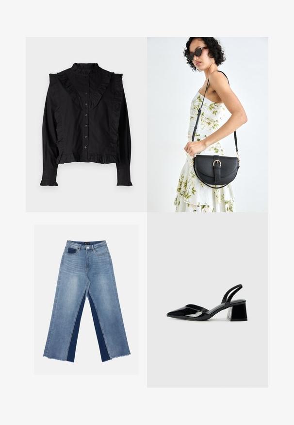 Svart langermet skjorte med høy krage, knappestolpe og volanger langs fronten og ermene. Glatt, lett stoff.; Lyseblå vide jeans med kontrasterende mørkeblå paneler, frynset søm og vanlig liv med metallknapp-lukking.; Svarte patentlær slingback hæler med spiss tå og geometrisk blokk hæl. Har et stilrent, minimalistisk design og jevn tekstur.; Svart lærveske med en buet form, avtagbar stropp og gullbeslag. Vesken har et klaff med spenne-detall.