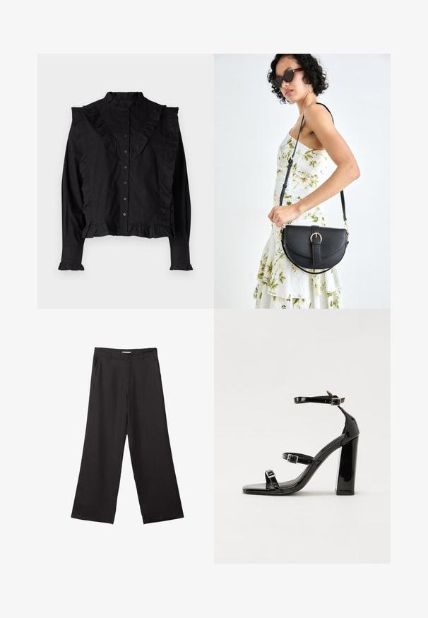 Črna dolga majica z dolgimi rokavi in visokim ovratnikom, z gumbno zaponko in nabrano obrobo ob sprednji in rokavih. Gladek, lahek material.; Črne široke hlače iz gladkega materiala, z sprednjim zadrgo in dvema stranskima žepoma, s prilagojenim krojem in minimalističnim dizajnom.; Črne lakirane sandale s peto, kvadratnim prstom, trakovi okrog gležnja in srebrnimi zaponkami. Opremljene so s stabilno Debelo peto.; Črna usnjena torbica s ukrivljeno obliko, z odstranljivo naramnico in zlatimi dodatki. Torbica ima pokrov s podrobnostmi v obliki zaponke.
