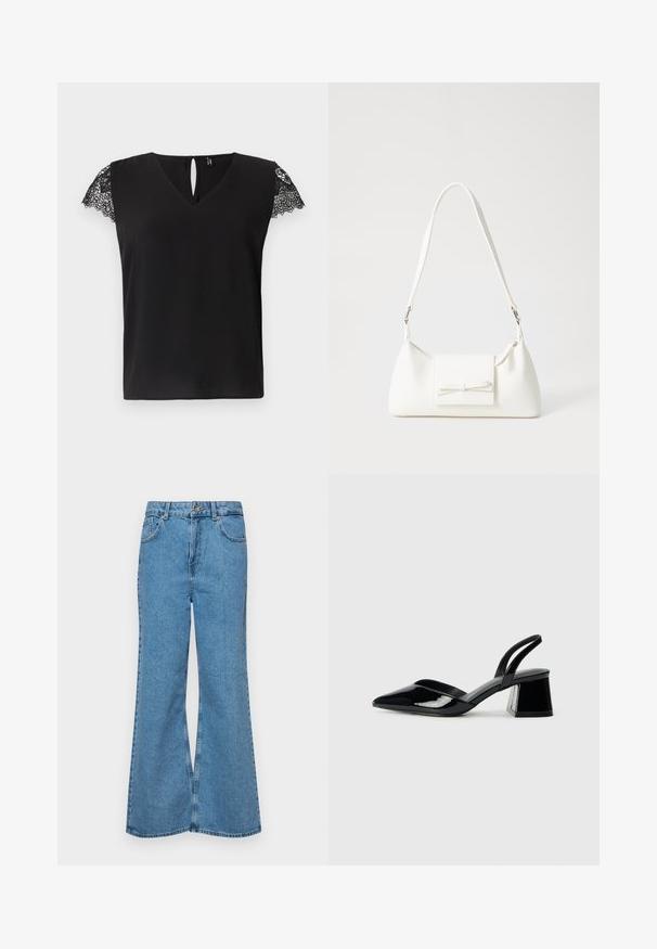 Black short-sleeve blouse with a V-neck and lace detailing on sleeves. Keyhole opening at the back. Smooth texture, casual fit.; Light blue flared jeans made of denim, featuring a high waist, five pockets, and a single button closure. Soft texture with faded finish.; Black patent leather slingback heels with a pointed toe and a geometric block heel. Features a sleek, minimal design and smooth texture.; White synthetic handbag with a triangular shape, flat front flap and bow detail, adjustable strap, smooth texture, and minimalistic design.