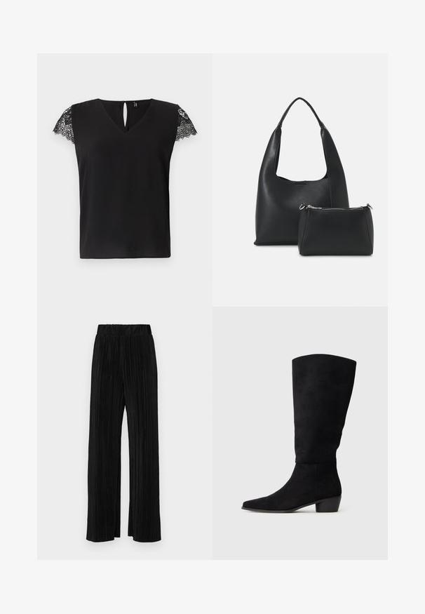 Juoda trumpa rankovė bluzelė su V formos iškirpte ir nėrinių detalėmis ant rankovių. Atvira „rakto skylutė“ nugaroje. Lygus paviršius, laisvas siluetas.; Juodi plisuoti kelnės su elastine juosta. Turėkite plačias kojas ir glotnų, tekstūrinį audinį su vertikaliais dryžiais.; Juoda zomšinė iki kelio batai su žemu blokiniu kulnu ir smailiu pirštu, pateikta šoninėje pusėje ant paprasto šviesiai pilko fono.; Even&Odd Rankinė - black