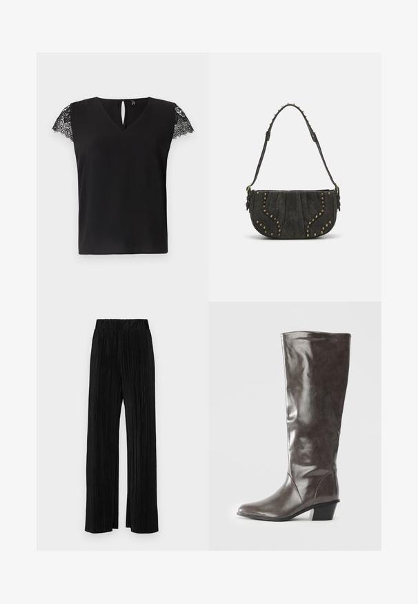 Must-juukseline must pluus lühikeste varrukatega, V-kaelusega ja pitsiga kaunistatud varrukatel. Seljas on võtmeaugu avamine. Sile tekstuur, mugav lõige.; Mustad pleekitud püksid elastse vöökohtaga. Omavad laiad jalad ja sujuvat, tekstureeritud kangast vertikaalsete triipudega.; Pikad naiste tumehallid nahast saapad, millel on keskmine konts ja ümar varvas, esitatud külgvaates valgel taustal.; Must mustahjust kott, millel on kumer disain, kinnitusdetailide ja tekstureeritud pinnaga. Reguleeritav rihm, mille serval on nupud.