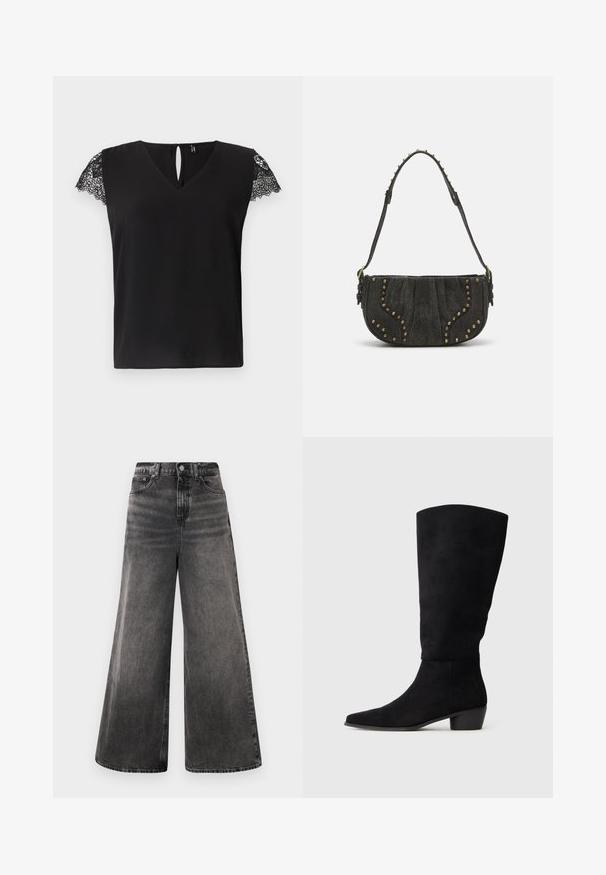 Must-juukseline must pluus lühikeste varrukatega, V-kaelusega ja pitsiga kaunistatud varrukatel. Seljas on võtmeaugu avamine. Sile tekstuur, mugav lõige.; Laiad mustad denim teksad, millel on pleekinud pesu, viie-tasku disain ja nööp sulgemine vööl, lisaks õmblusaktsendid.; Must musta põlvekõrgune saabas, millel on madal plokkkonts ja terav nina, nähtav külgvaates heleda halli tausta ees.; Must mustahjust kott, millel on kumer disain, kinnitusdetailide ja tekstureeritud pinnaga. Reguleeritav rihm, mille serval on nupud.