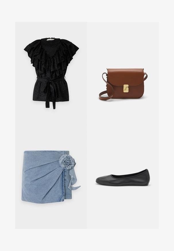Črna bluza z velikim volanastim ovratnikom in kratkimi rokavi. Ima naborkano telo in pas s praznim zavezovanjem. Narejena je iz teksturirane tkanine.; Denim ovitek v svetlo modri barvi, zapleteno nabiranje in dekorativni cvetni dodatek z visečo ribbo. Mehka tekstura in sproščen dizajn.; Črne usnjene balerinke z zaobljenim nosom, gladko teksturo, minimalnimi šivi in fleksibilno zasnovo podplata.; Rjava usnjena torbica s poklopcem, zlato obarvani okovi, naramnica in gladka tekstura. Kompaktna pravokotna oblika.