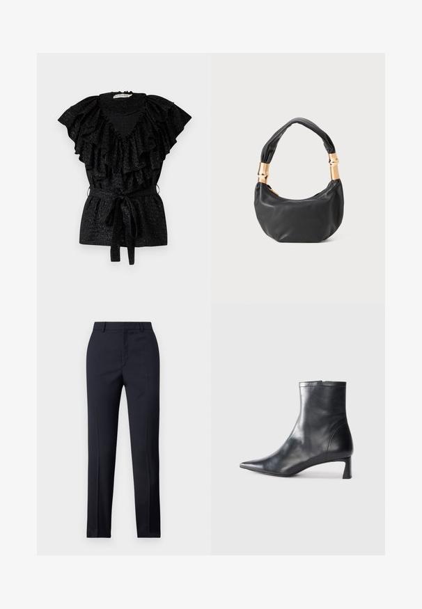 Black blouse with large ruffled neckline and short sleeves. Features a smocked bodice and tie waist. Made from textured fabric.; Navy tailored trousers with a straight cut, featuring a smooth texture, two front pockets, and a clean waistband.; Black leather ankle boot with a pointed toe and a sleek design. Features a low heel and a zipper closure at the back. Smooth texture.; Black leather handbag with a round shape, soft texture, and a knotted handle featuring gold-tone hardware accents. Zipper closure.
